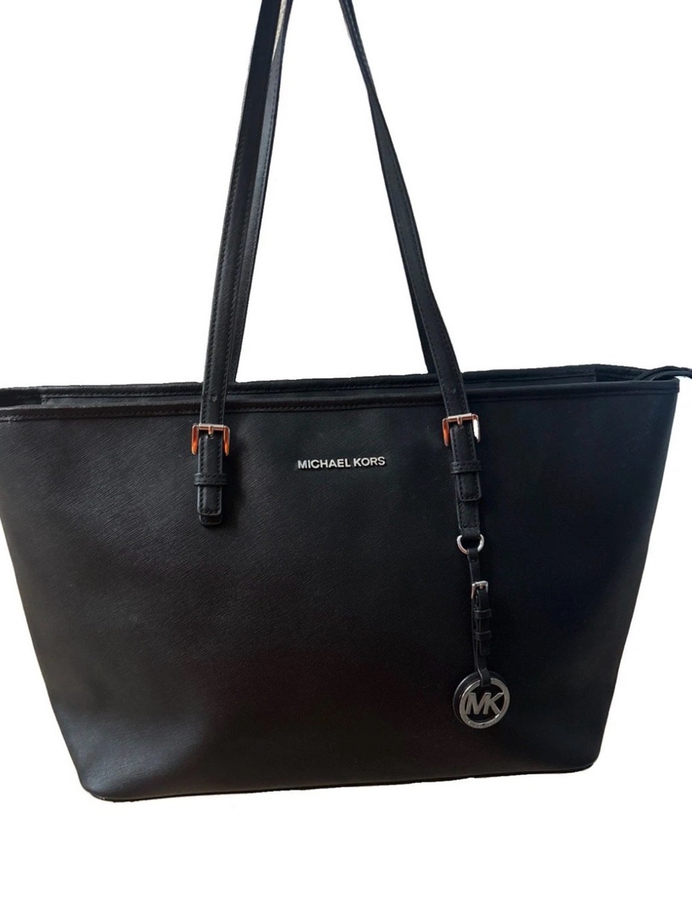 Michael Kors Black Leather jet set laptop travel Tote Bag